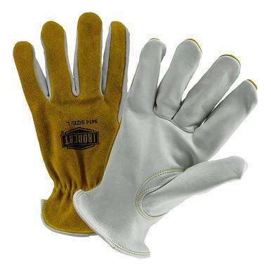 A set of PIP Ironcat Split Leather Drivers Gloves 9414 is shown, with one glove facing palm up and the other palm down. These gloves, which primarily feature a white color complemented by brown accents, include reinforced stitching and a Keystone Thumb design. The brand label from PIP - Protective Industrial Products is visible on the wrist area.