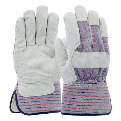 The PIP Pigskin Leather Palm Gloves with Fabric Back & Thermal Lining (model HVY5555) from Protective Industrial Products feature pigskin leather construction with white leather palms and striped fabric backs. They include a rubberized safety cuff with a gray and red striped design for enhanced protection. Additionally, these gloves seem padded for comfort, making them suitable for demanding tasks.