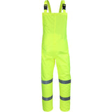 The PIP Viz ANSI Class E Waterproof Bib WW4033P, by Protective Industrial Products, features bright yellow fabric with adjustable shoulder straps and two reflective stripes on each leg for enhanced safety and visibility. This high-visibility rainwear is designed to meet ANSI Class E standards, ensuring maximum protection in all conditions.