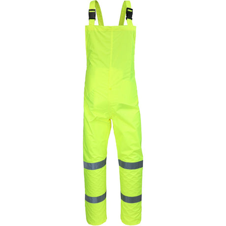 The PIP Viz ANSI Class E Waterproof Bib WW4033P, by Protective Industrial Products, features bright yellow fabric with adjustable shoulder straps and two reflective stripes on each leg for enhanced safety and visibility. This high-visibility rainwear is designed to meet ANSI Class E standards, ensuring maximum protection in all conditions.