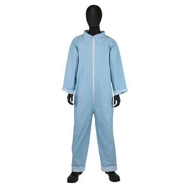 A mannequin showcasing a light blue PIP Posi-Wear FR Basic Coverall 3100 from Protective Industrial Products, featuring flame-retardant material with white zippers, accompanied by black gloves and boots, set against a plain background.