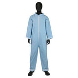 A mannequin showcasing a light blue PIP Posi-Wear FR Basic Coverall 3100 from Protective Industrial Products, featuring flame-retardant material with white zippers, accompanied by black gloves and boots, set against a plain background.