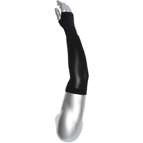 A silver mannequin arm gracefully showcases the PIP EZ-Cool Max Evaporative Cooling Sleeve by Protective Industrial Products. This elegant long black glove, designed with UV protection, extends from the fingers to above the elbow while leaving the fingers exposed. It combines style and functionality with its shiny material.