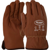 A pair of PIP Boss Xtreme Oil Armor Goatskin/Fleece Gloves KS9911KP made from top grain goatskin leather with stitched detailing. These brown work gloves feature safety information and branding on the back, including ANSI and EN388 ratings for protection, as well as Oil Armor technology for enhanced resilience.