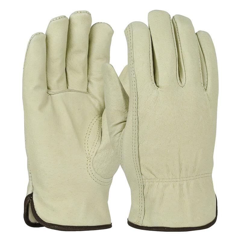 The PIP Top Grain Pigskin Leather Drivers Glove 994KP, offered by Protective Industrial Products (PIP), showcases light beige pigskin leather with visible stitching and black edging around the cuffs, presented upright against a plain white background.