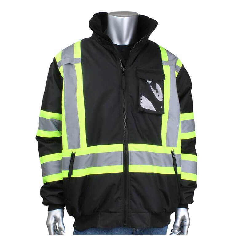 A mannequin is dressed in the PIP ANSI Type O Class 1 Value Two-Tone Bomber Jacket 331-1745 by PIP - Protective Industrial Products, displaying a black winter workwear piece with bright yellow and reflective gray safety stripes. This waterproof jacket includes a zipper front and multiple pockets, offering both practicality and enhanced visibility.