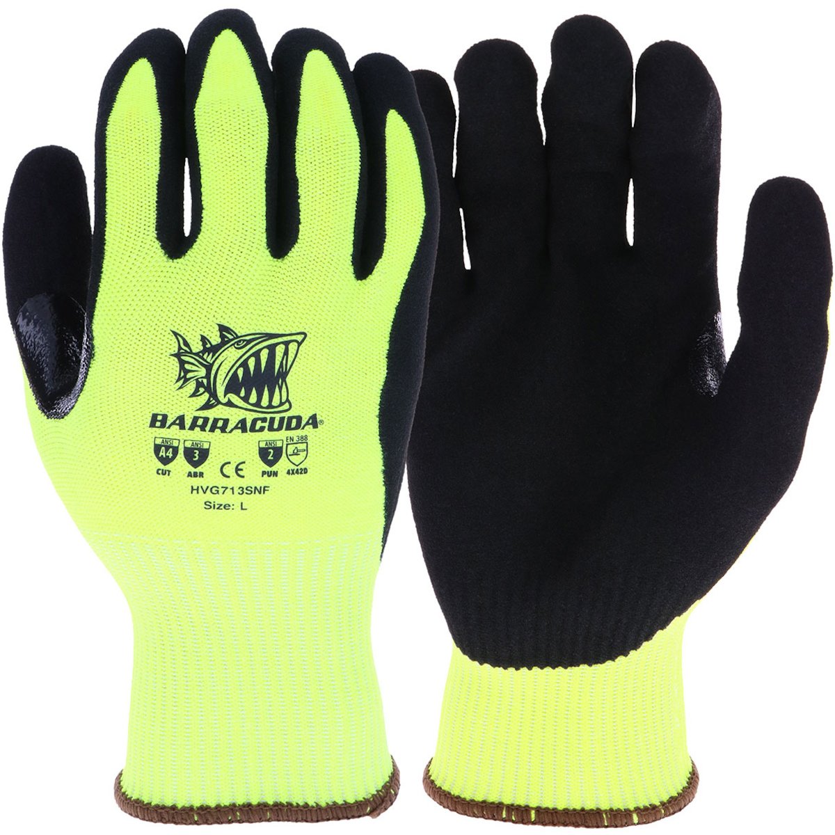 These vibrant yellow and black gloves, adorned with a fish logo and the word "BARRACUDA," are designed to enhance grip and offer touchscreen functionality. The PIP Barracuda Hi-Vis PolyKor Touchscreen Glove HVG713SNF in size L ensures both safety and dexterity, making them ideal for various tasks.