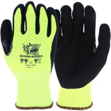 These vibrant yellow and black gloves, adorned with a fish logo and the word "BARRACUDA," are designed to enhance grip and offer touchscreen functionality. The PIP Barracuda Hi-Vis PolyKor Touchscreen Glove HVG713SNF in size L ensures both safety and dexterity, making them ideal for various tasks.