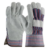 The PIP Split Cowhide Leather Palm Glove w/Fabric Back, Red Fleece Lining 558F are cold weather work gloves by Protective Industrial Products (PIP). They feature grey suede leather construction with blue fabric cuffs adorned with red stripes. These gloves are designed for protection during manual labor, offering a reinforced palm area that ensures safety and durability in winter work conditions.