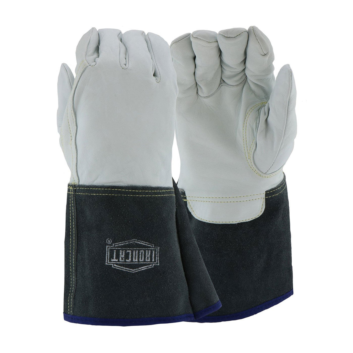 The PIP Ironcat Premium Leather Tig Gloves by Protective Industrial Products are crafted from light gray top-grain kidskin leather with reinforced dark gray cuffs. Each glove features the branded logo on the cuff and is designed for durability, meeting Arc Flash Level 3 safety standards.