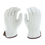 Introducing the PIP Economy Top Grain Sheepskin Leather Drivers 9110, designed by PIP - Protective Industrial Products. This pair of gloves features a luxurious white sheepskin leather body adorned with brown trim at the cuffs. Equipped with a keystone thumb for enhanced comfort, these gloves are elegantly presented with one palm facing up and the other down, highlighting their intricate stitching and design details.