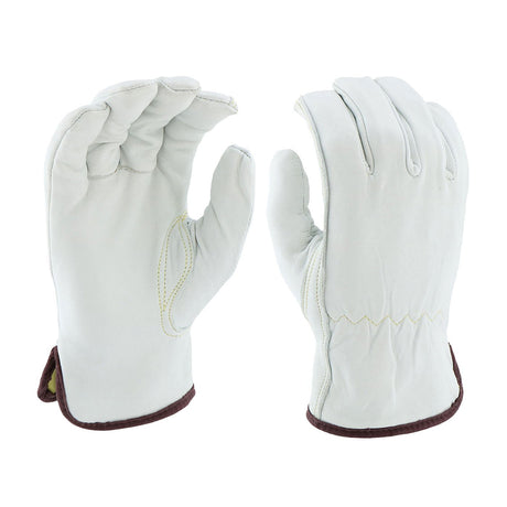 Introducing the PIP Economy Top Grain Sheepskin Leather Drivers 9110, designed by PIP - Protective Industrial Products. This pair of gloves features a luxurious white sheepskin leather body adorned with brown trim at the cuffs. Equipped with a keystone thumb for enhanced comfort, these gloves are elegantly presented with one palm facing up and the other down, highlighting their intricate stitching and design details.