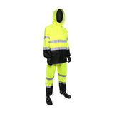 A mannequin showcases a PIP - Protective Industrial Products Viz Two-Piece Rain Suit with Black Bottom 4530, featuring a high-visibility bright yellow design with reflective silver bands for ANSI 107 compliance. This waterproof ensemble includes a hooded jacket and matching pants, paired with black boots, all set against a plain white background.