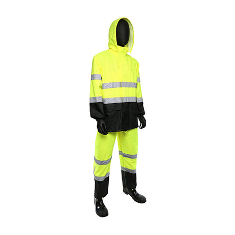 A mannequin showcases a PIP - Protective Industrial Products Viz Two-Piece Rain Suit with Black Bottom 4530, featuring a high-visibility bright yellow design with reflective silver bands for ANSI 107 compliance. This waterproof ensemble includes a hooded jacket and matching pants, paired with black boots, all set against a plain white background.