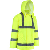 The PIP Viz ANSI Type R Class 3 Waterproof Jacket WW4033J by Protective Industrial Products is a vibrant yellow hi-visibility jacket, featuring reflective gray stripes on the chest, arms, and waist. It is equipped with a hood and front pockets, ensuring safety in low-light conditions.