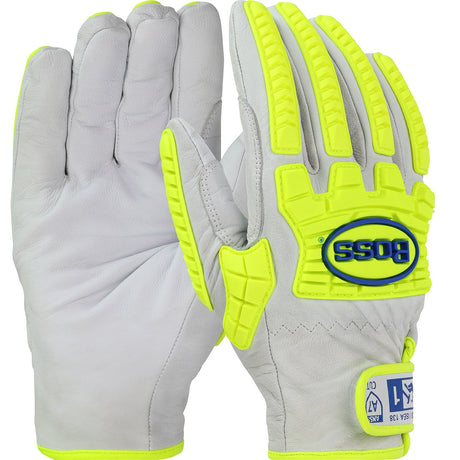 A pair of PIP Boss Goatskin Drivers Gloves with Kevlar, featuring bright yellow protective padding and accents for high visibility. One glove is displayed palm up, while the other is shown from the back. The "PIP" brand is prominently visible on the Kevlar liner, guaranteeing both safety and durability.