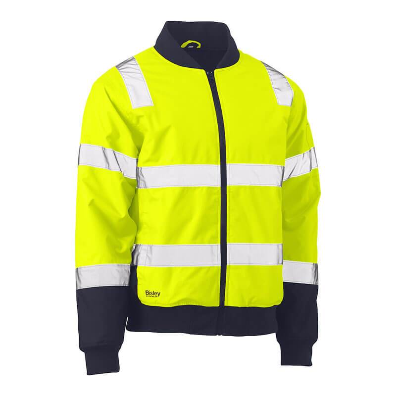 Introducing the PIP Bisley Bomber Jacket w/Built-In Padded Lining 333M6730T by Protective Industrial Products. This high-visibility yellow and black jacket features reflective tape across the chest, arms, and shoulders. It includes a front zipper closure and boasts a logo on the lower left side, combining safety with style for those requiring enhanced visibility.