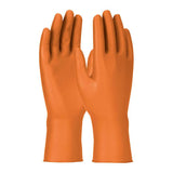 The PIP Grippaz Engage Gloves 67-307 from Protective Industrial Products feature a pair of bright orange nitrile gloves with textured palms and fingers, standing upright and facing forward. These gloves provide excellent grip performance, making them perfect for cleaning or handling oily/wet parts, with a straightforward design suitable for various household tasks.