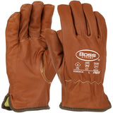 The PIP Boss Xtreme Oil Armor Top Grain Goatskin Glove, available in a pack of 12 pairs, embodies quality craftsmanship with its brown leather construction made from top grain goatskin. These gloves, bearing the "Boss Xtreme" label on the back, boast safety ratings such as ANSI A4 and EN388. Tailored for excellency in the oil and gas sectors, they feature a beige lining and are elegantly presented against a white background. Designed and manufactured by PIP - Protective Industrial Products.