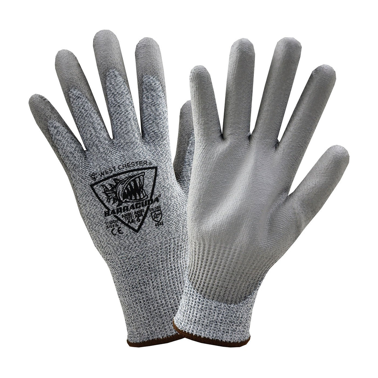 Introducing the PIP Barracuda Polykor Glove w/PU Coated Flat Grip 713DGU, a pair of gray gloves featuring textured palms and a printed logo on the back. Crafted by Protective Industrial Products (PIP) for dexterity and cut resistance, these gloves ensure a snug fit ideal for industrial or construction tasks requiring durability and grip.