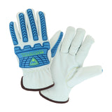 A pair of PIP Boss Goatskin Drivers with high-visibility impact protection and an Aramid blend lining, featuring blue protective padding on the back. These gloves, crafted from sheepskin leather, have a primarily white design with brown trim at the cuffs. Displayed with one glove palm up and the other back facing up, they are designed to offer impact protection for tough tasks.