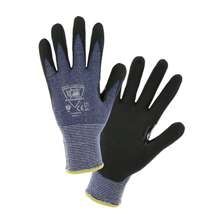 The PIP Barracuda Polykor Gloves, with their striking blue and black design, offer textured palms and extended wrist cuffs. These gloves feature a nitrile foam coated flat grip to enhance cut resistance, while the markings on the back confirm adherence to safety standards and certifications. Available in packs of 12 pairs from PIP - Protective Industrial Products.