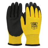 Introducing the PIP Barracuda HPPE/Nylon Gloves with Lining & PVC Foam Grip, model 713WHPTPD. These gloves, available in a set of 12 pairs, feature a striking yellow and black design with text and logos on the back. They are equipped with black rubber-coated palms for enhanced grip and protection, making them perfect for industrial or construction tasks. Crafted from durable HPPE/Nylon material by PIP - Protective Industrial Products, these gloves offer exceptional performance and reliability.