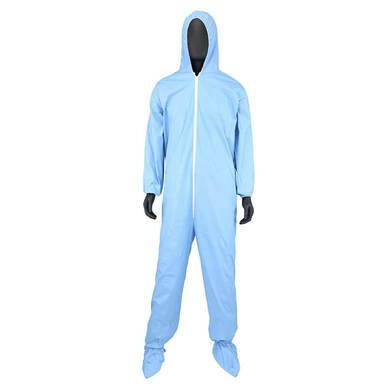 A mannequin is dressed in a PIP Posi-Wear FR Coverall with Hood and Boots 3109, which is light blue and equipped with a white zipper and boot covers. This flame-retardant attire, designed by Protective Industrial Products, features long sleeves for comprehensive protection, ensuring safety in demanding environments.