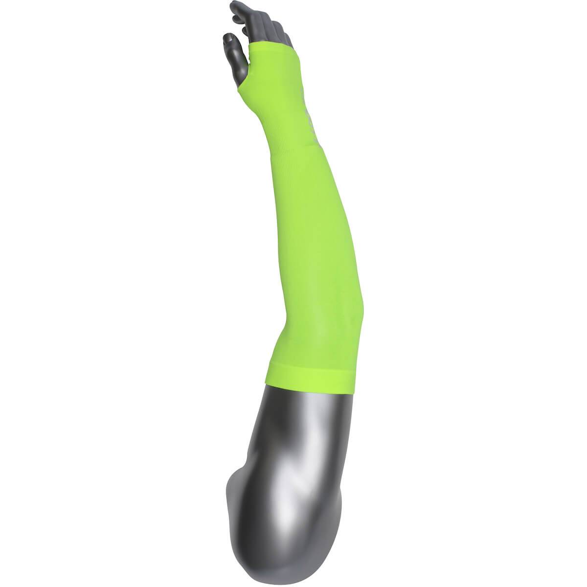 A PIP EZ-Cool Max Evaporative Cooling Sleeve in bright green is showcased on a gray mannequin arm, extending from the fingertips to above the elbow. This product from Protective Industrial Products features a smooth texture and vivid color, providing excellent UV protection while keeping you cool.