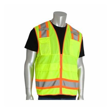 A mannequin showcases the PIP Hi-Vis Yellow Pocket Surveyors Tech Vest 302-0700LY by Protective Industrial Products, striking in its bright yellow color and complemented by vibrant orange accents and reflective gray stripes. Crafted to meet ANSI/ISEA 107 Class 2 standards, this distinctive vest with its reflective tape is stylishly layered over a sleek black shirt.