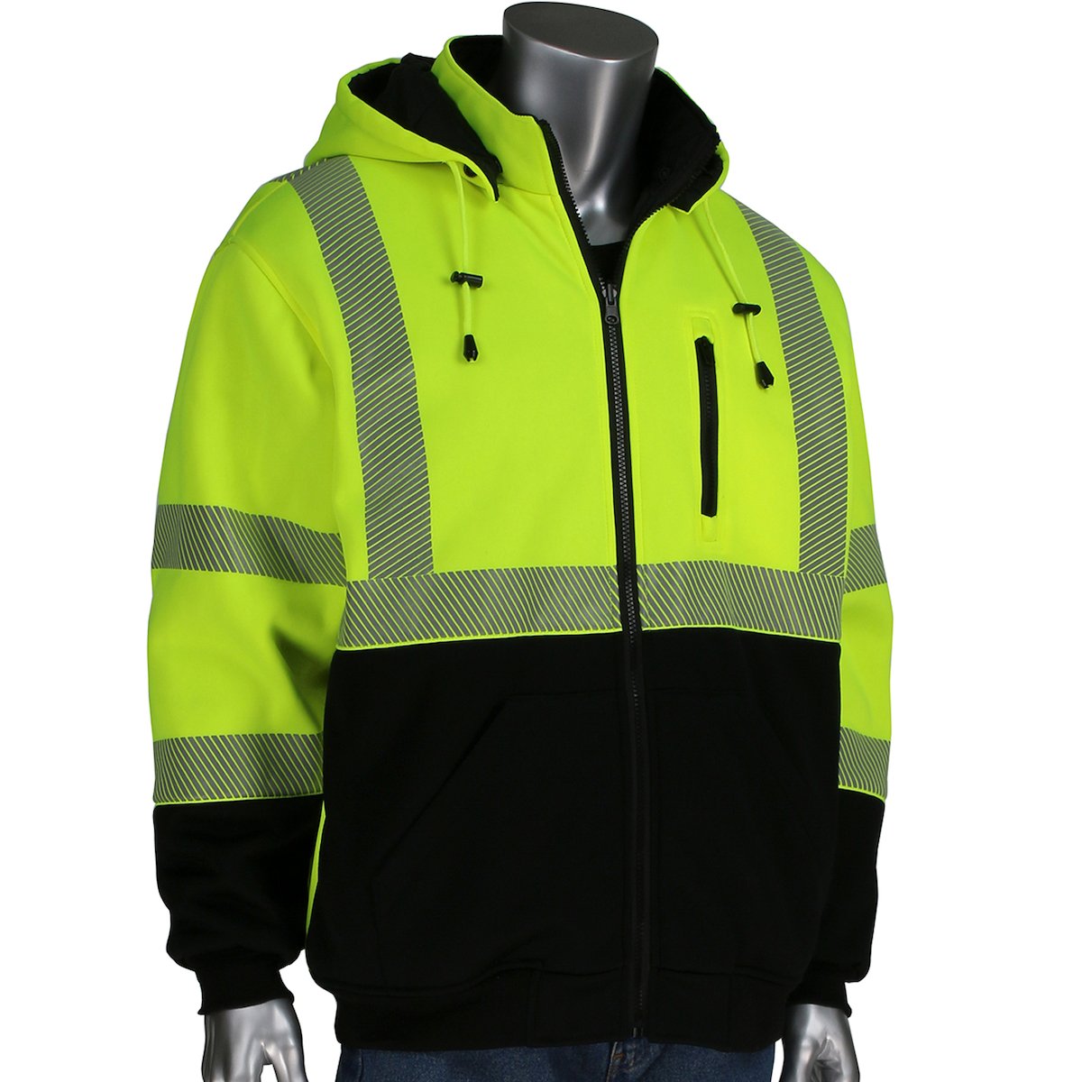 Displayed on a mannequin is the PIP Reversible Zip Hooded Sweatshirt w/Black Bottom 323-1400S-LY by Protective Industrial Products. This high-visibility ANSI Type R Class 3 jacket boasts a neon yellow design highlighted by reflective silver stripes and a black bottom section. Equipped with a hood, zip-up front, and chest pocket, it effortlessly complements blue jeans for both practicality and style in any environment.