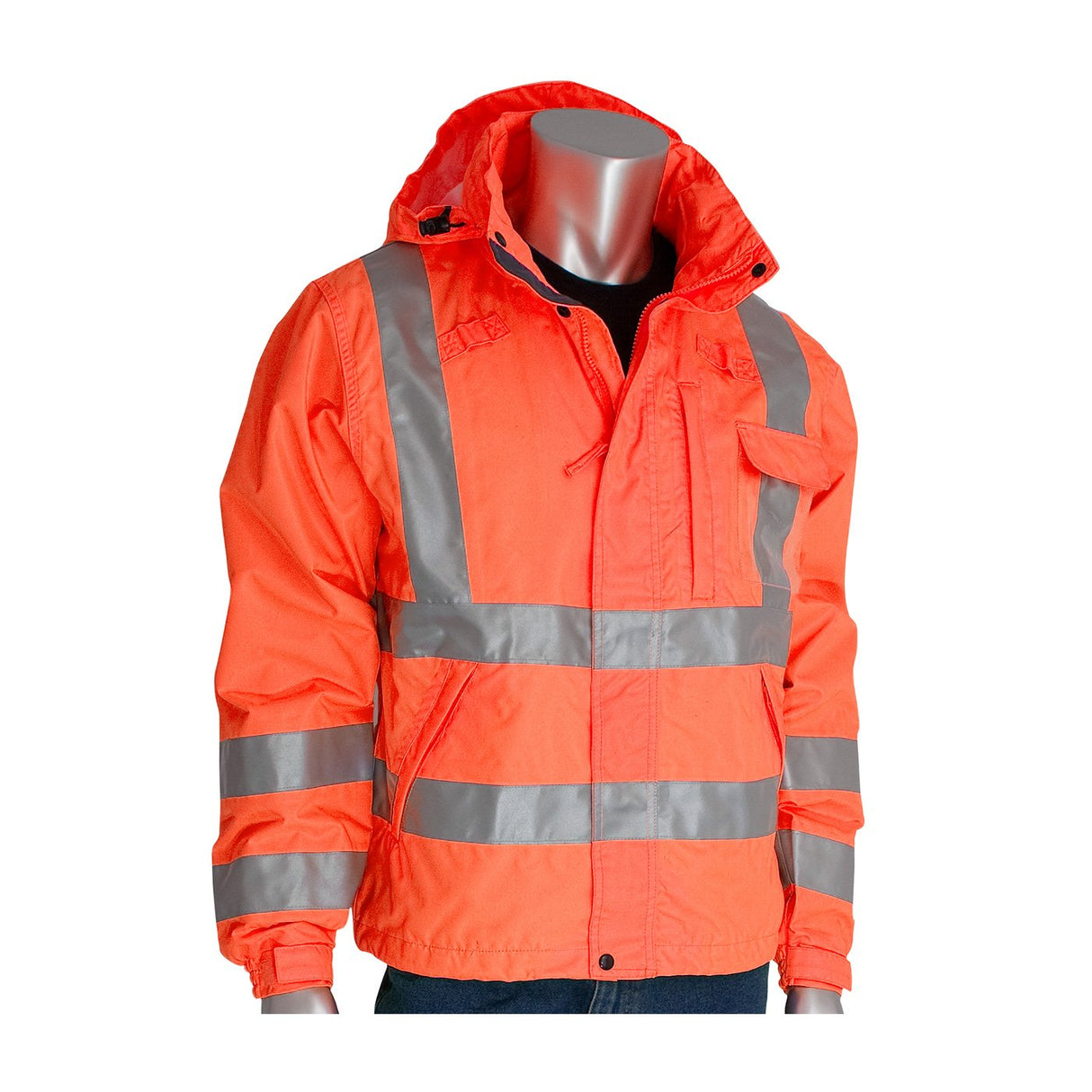 Displayed on a mannequin against a white background, the PIP VizPLUS Waterproof Breathable Jacket 353-2000 by PIP - Protective Industrial Products comes in bright orange with reflective silver stripes on the chest, arms, and waist. This jacket includes a hood and front pockets.