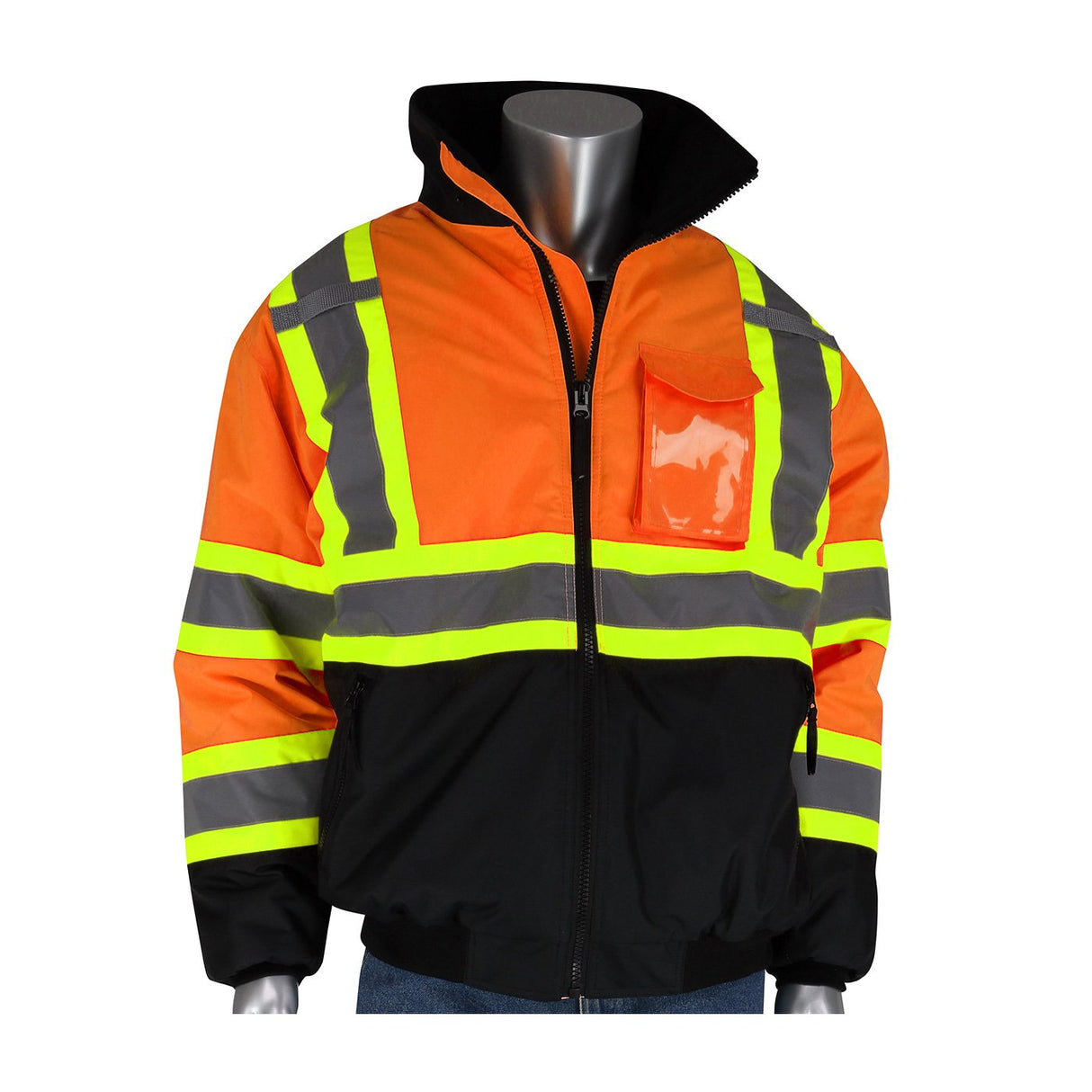 The PIP Value Two-Tone, Black Bottom Bomber Jacket 333-1745 by Protective Industrial Products is displayed on a mannequin set against a plain white background. This high-visibility jacket is designed in vibrant orange and black, complete with reflective yellow-green tape accentuating the chest, arms, and pockets.