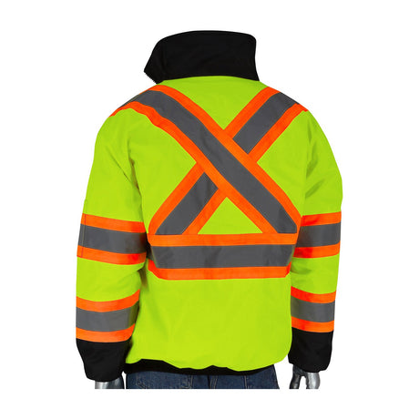 The PIP CSA Z96 Two-Tone X-Back, Black Bottom Bomber Jacket 333-1745X by Protective Industrial Products features a waterproof design crafted from fluorescent yellow-green fabric accented with reflective tape. It boasts a distinctive "X" pattern in orange and silver on the back and around the arms, complemented by black collar and cuffs for enhanced style.