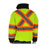 The PIP CSA Z96 Two-Tone X-Back, Black Bottom Bomber Jacket 333-1745X by Protective Industrial Products features a waterproof design crafted from fluorescent yellow-green fabric accented with reflective tape. It boasts a distinctive "X" pattern in orange and silver on the back and around the arms, complemented by black collar and cuffs for enhanced style.