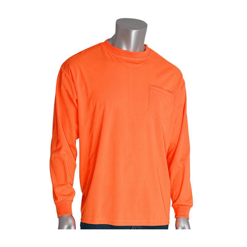 A mannequin with a metallic finish and indistinguishable facial features displays the PIP Non-ANSI Long Sleeve T-Shirt 310-1100, a bright orange shirt with a chest pocket. While this hi-vis apparel is not ANSI Compliant, it is suitable for enhancing visibility in various environments.