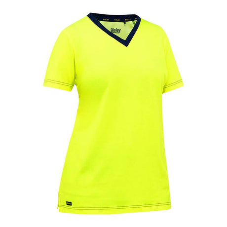 This vibrant yellow women's V-neck short sleeve T-shirt, made by PIP - Protective Industrial Products, offers a casual style with dark blue accents on the collar. The PIP Bisley Non-ANSI Women's Short Sleeve T-Shirt 310W1118 is a Hi-Vis option that includes antimicrobial treatment for enhanced freshness.