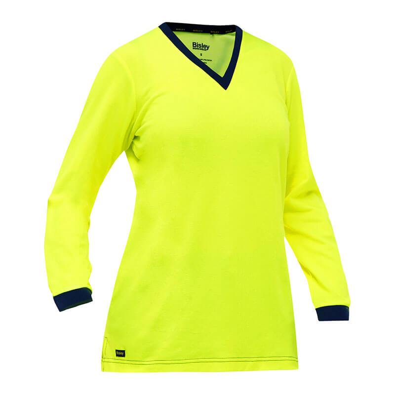 The PIP Bisley Non-ANSI Women's Long Sleeve Shirt 310W6118 by Protective Industrial Products is a bright yellow V-neck top with navy trim on the neckline and cuffs, designed with an antimicrobial treatment for added freshness.