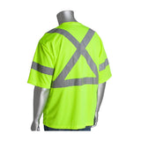 A mannequin displays a PIP Type R Class 3 X-Back T-Shirt by PIP - Protective Industrial Products, featuring reflective gray tape that forms an "X" and a triangle on the neon green fabric. This short-sleeve garment meets ANSI Type R Class 3 standards, ensuring optimal visibility and safety.