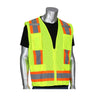 A mannequin displays the PIP ANSI Type R Class 2 Two-Tone Mesh Surveyors Vest 302-0500M, crafted with yellow mesh fabric accented by orange reflective stripes and numerous pockets. This high-visibility safety vest from PIP - Protective Industrial Products is stylishly layered over a black shirt, exemplifying hi-vis apparel.