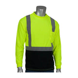 Displayed on a mannequin, the PIP Black Bottom T-Shirt w/50+ UPF offers high visibility with its bright yellow and black colors. Reflective grey stripes enhance safety, while a small pocket adorns the left chest. This PIP - Protective Industrial Products shirt is ideal for those seeking hi-visibility apparel that meets rigorous ANSI/ISEA 107 Class 2 standards.