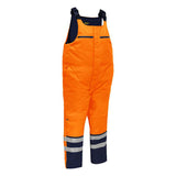 The PIP Bisley ANSI Class E Extreme Cold Bib Overall 318M6452T features a bright orange design with reflective silver and navy blue stripes at the bottom. Designed for high-visibility work environments, it includes adjustable straps and a zippered front, ensuring waterproof insulation suitable for extreme cold protection.