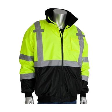 The PIP Waterproof Reflective Value Bomber Jacket 333-1766 by Protective Industrial Products is showcased elegantly on a mannequin, highlighting its high-visibility ANSI Class 3 design with a bright yellow upper and black lower section. The jacket features reflective silver stripes on the chest, arms, and shoulders.