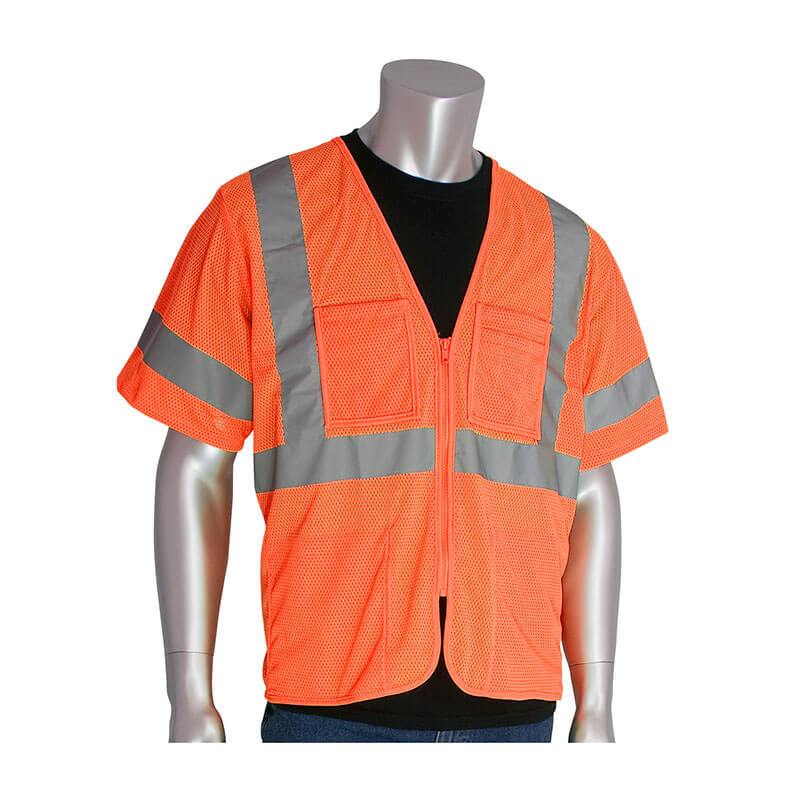 The PIP ANSI Type R Class 3 Value Zipper Mesh Vest 303-MVG4P is showcased on a mannequin, featuring an orange design with silver reflective tape, layered over a black shirt. Made by PIP - Protective Industrial Products, this high-visibility garment is constructed from polyester mesh and includes a front zipper and two chest pockets for added functionality.