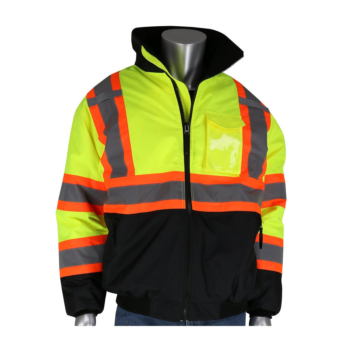 The PIP Value Two-Tone, Black Bottom Bomber Jacket 333-1745 from Protective Industrial Products is a high-visibility garment featuring vibrant yellow upper sections with neon orange reflective tape stripes and sleek black lower portions. It includes a front zipper, collar, and chest pocket, and is showcased on a mannequin torso against a plain backdrop.