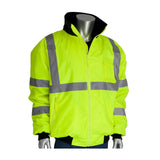 A mannequin showcases the PIP Bomber Jacket with Zip-Out Fleece Liner 333-1762 in a durable, high-visibility yellow color featuring reflective gray stripes. This waterproof jacket from Protective Industrial Products comes with a zipper front, black cuffs, and a black collar, making it perfect for staying safe and dry.