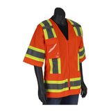 A mannequin displays the PIP ANSI Type R Class 3 Women's Contoured Two-Toned Vest 303-0513 from PIP - Protective Industrial Products, featuring a vibrant orange design accented by yellow and grey reflective stripes. This hi-visibility surveyor's vest, complete with short sleeves and an open front, expertly blends style with functionality.