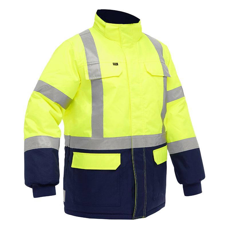 Introducing the PIP Bisley X-Back Extreme Cold Jacket w/Navy Bottom 343M6450X, a remarkable high-visibility jacket by Protective Industrial Products. This bright yellow jacket comes with reflective silver stripes and is specifically designed to offer protection in extremely cold conditions. It features contrasting black lower sections, multiple pockets for convenience, and a high collar. The front zipper closure and long sleeves with elastic cuffs ensure maximum thermal insulation.