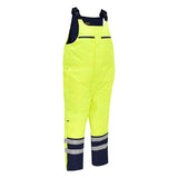 Introducing the PIP Bisley ANSI Class E Extreme Cold Bib Overall 318M6452T from Protective Industrial Products, these high-visibility yellow and navy insulated work bib overalls are designed for safety, comfort, and warmth. Equipped with reflective tape around the legs for enhanced visibility, they feature waterproof insulation and adjustable shoulder straps. These overalls provide extreme cold protection while offering multiple pockets for added convenience.