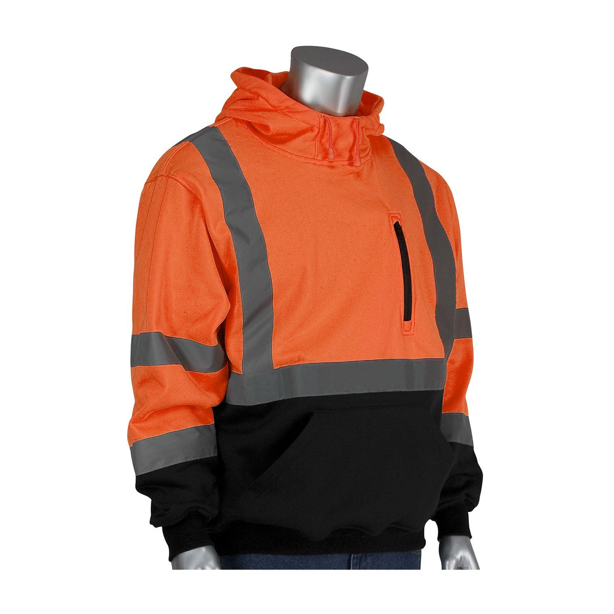 A mannequin showcases the PIP Hooded Pullover Sweatshirt w/Black Bottom 323-1350B by Protective Industrial Products, featuring high-visibility orange and black coloring with reflective gray stripes and tape. This hoodie includes a hood, a central zippered pocket, and adheres to ANSI Class 3 standards.